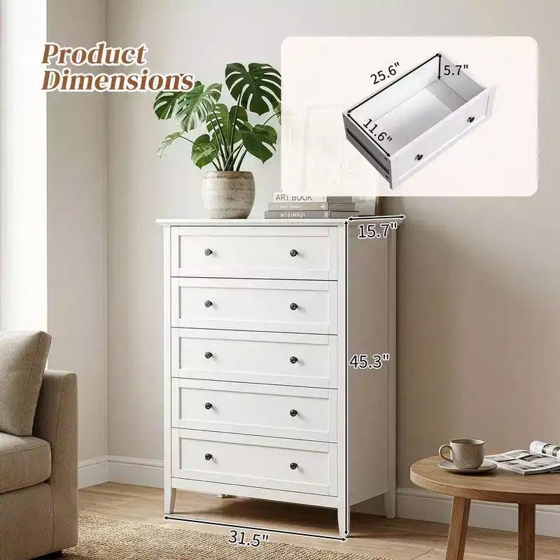 Comò a 5 cassetti da 31,5" con doppio maniglione e struttura a telaio, mobile contenitore per camera da letto