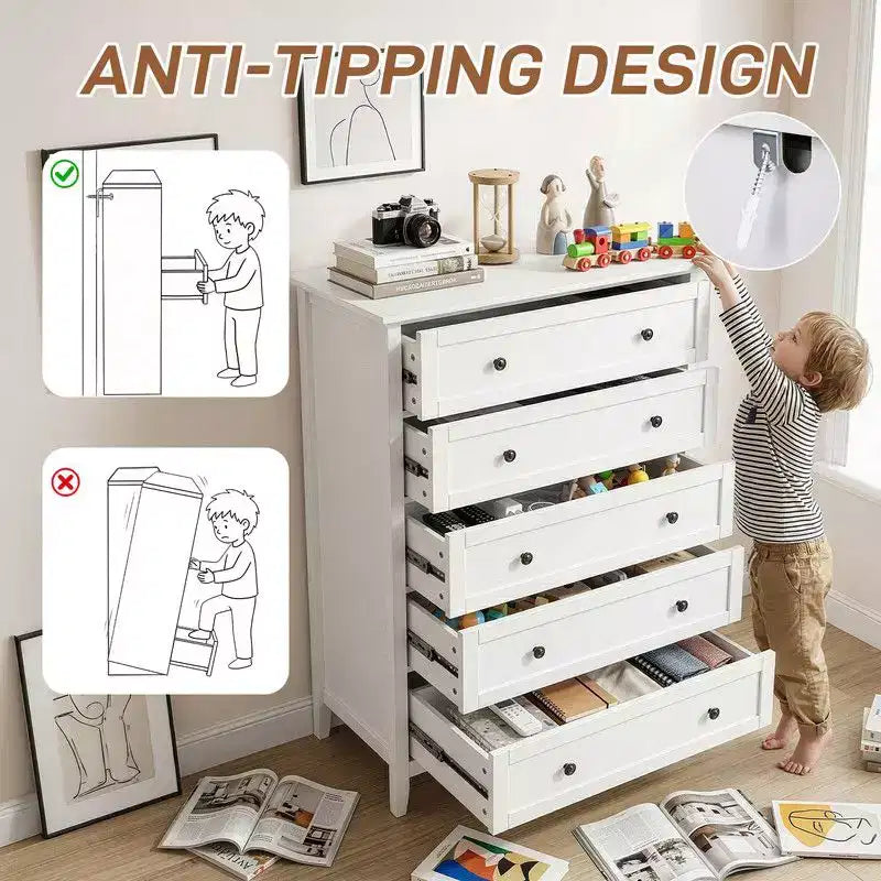 Comò a 5 cassetti da 31,5" con doppio maniglione e struttura a telaio, mobile contenitore per camera da letto