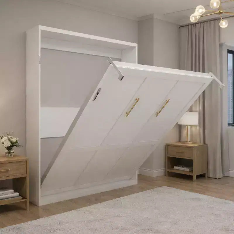 Letto a scomparsa matrimoniale con pistoni idraulici e armadi laterali, struttura in MDF, portata 500 kg