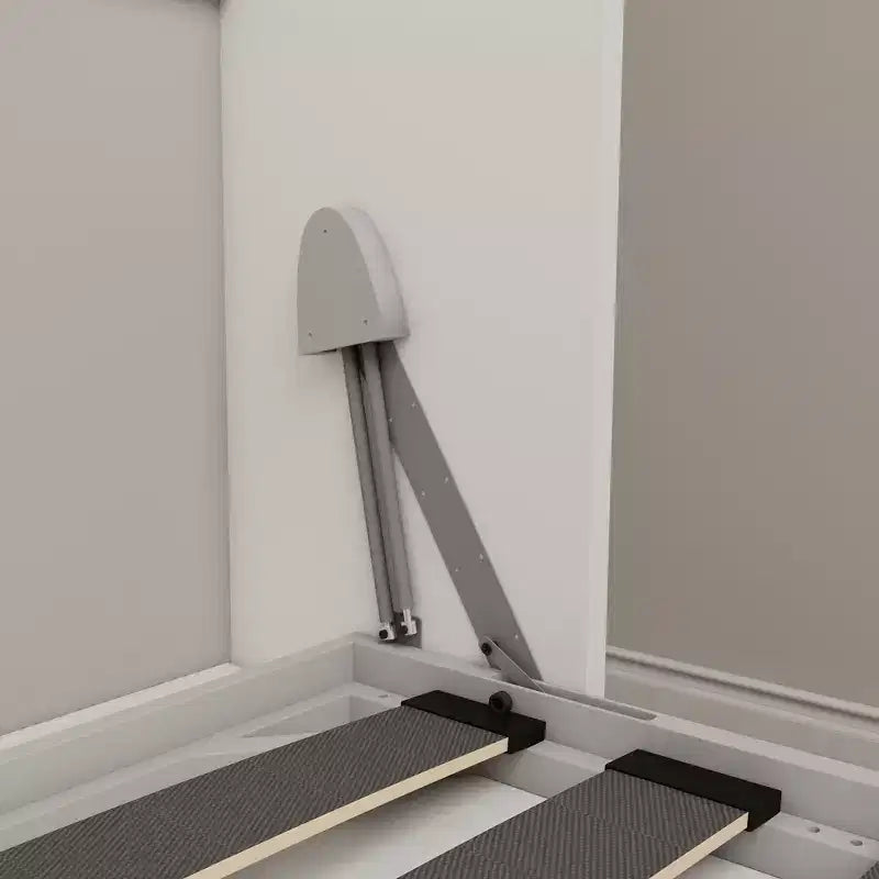 Letto a scomparsa matrimoniale con pistoni idraulici e armadi laterali, struttura in MDF, portata 500 kg