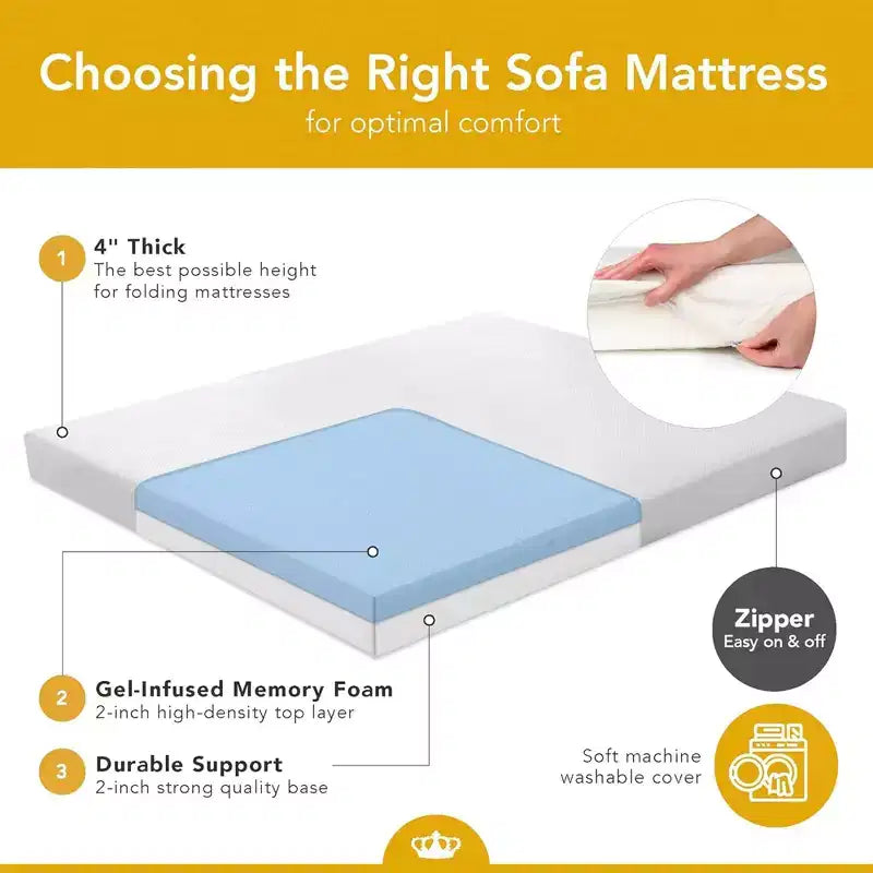 Materasso per divano letto in memory foam gel da 4", piazza e mezza 72"x53", rivestimento lavabile, prodotto negli Stati Uniti