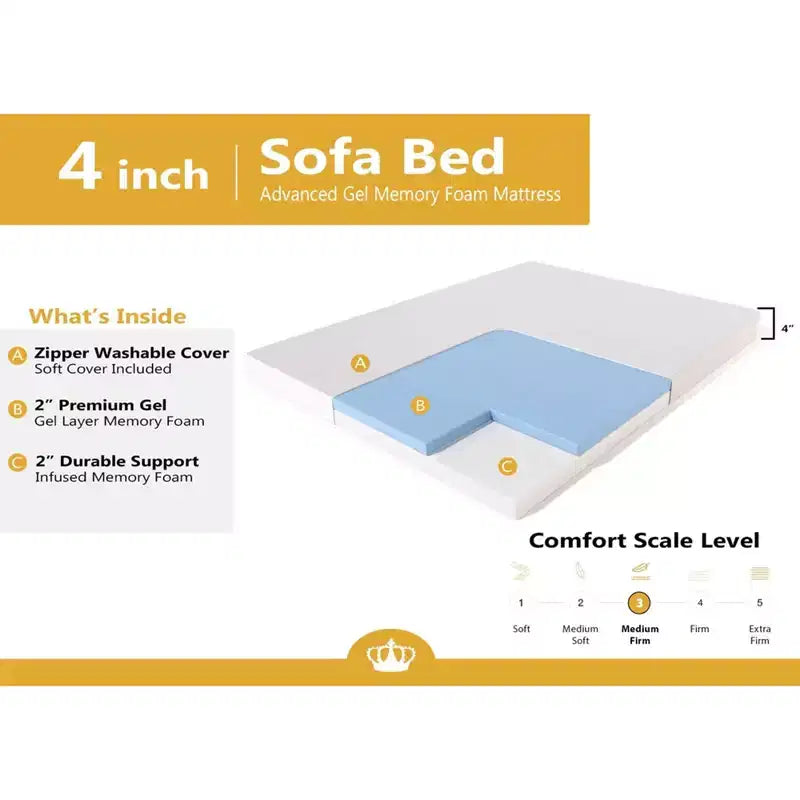 Materasso per divano letto in memory foam gel da 4", piazza e mezza 72"x53", rivestimento lavabile, prodotto negli Stati Uniti