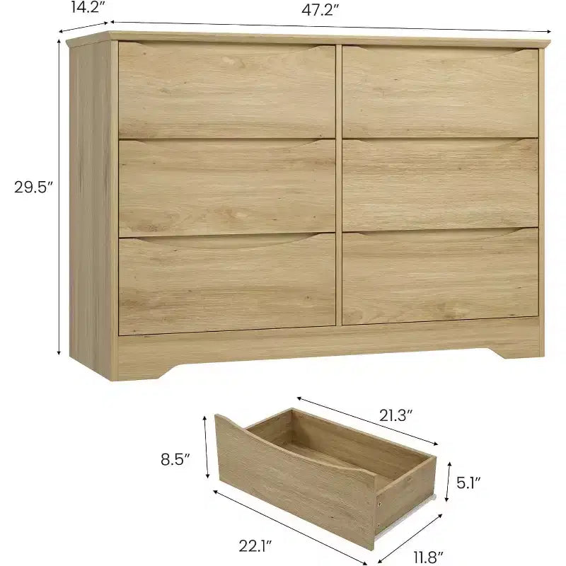 Comò in legno a 6 cassetti con maniglie curve a scomparsa, finitura naturale, per camera da letto e corridoio
