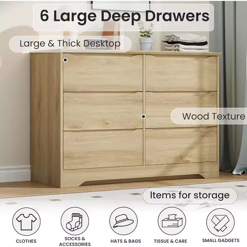 Comò in legno a 6 cassetti con maniglie curve a scomparsa, finitura naturale, per camera da letto e corridoio