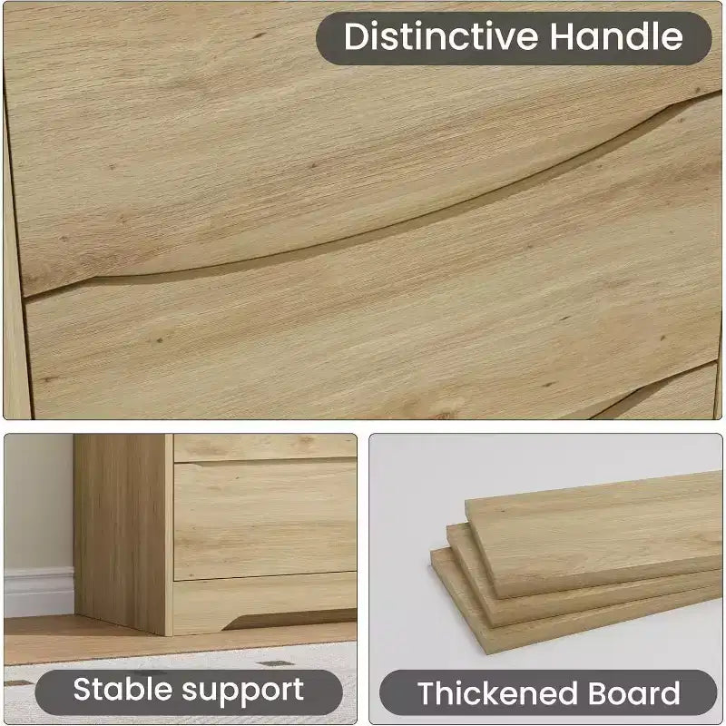 Comò in legno a 6 cassetti con maniglie curve a scomparsa, finitura naturale, per camera da letto e corridoio