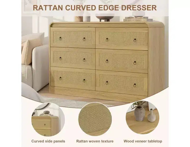 Comò a 6 cassetti in Rattan per camera da letto, cassettiera in legno da 117 cm, mobile TV, organizer porta abiti per soggiorno, nero
