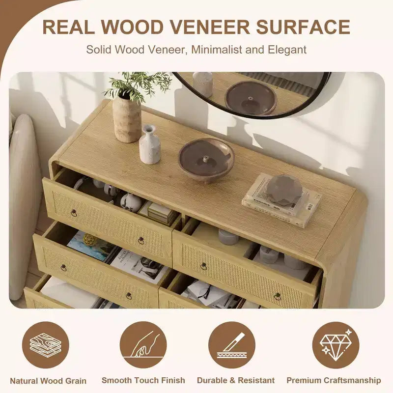 Comò a 6 cassetti in Rattan per camera da letto, cassettiera in legno da 117 cm, mobile TV, organizer porta abiti per soggiorno, nero