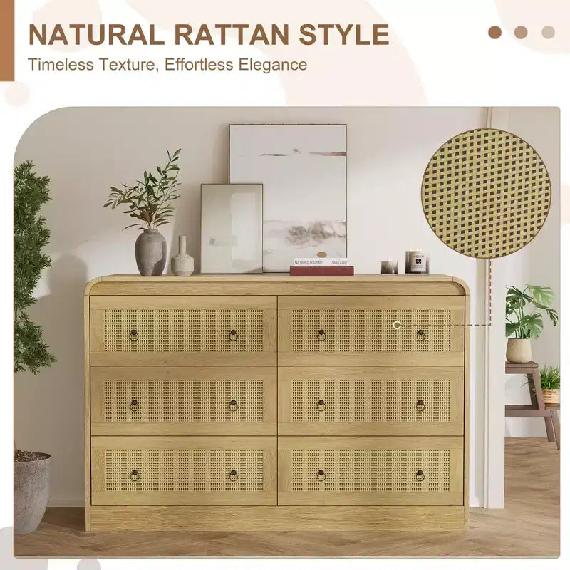 Comò a 6 cassetti in Rattan per camera da letto, cassettiera in legno da 117 cm, mobile TV, organizer porta abiti per soggiorno, nero