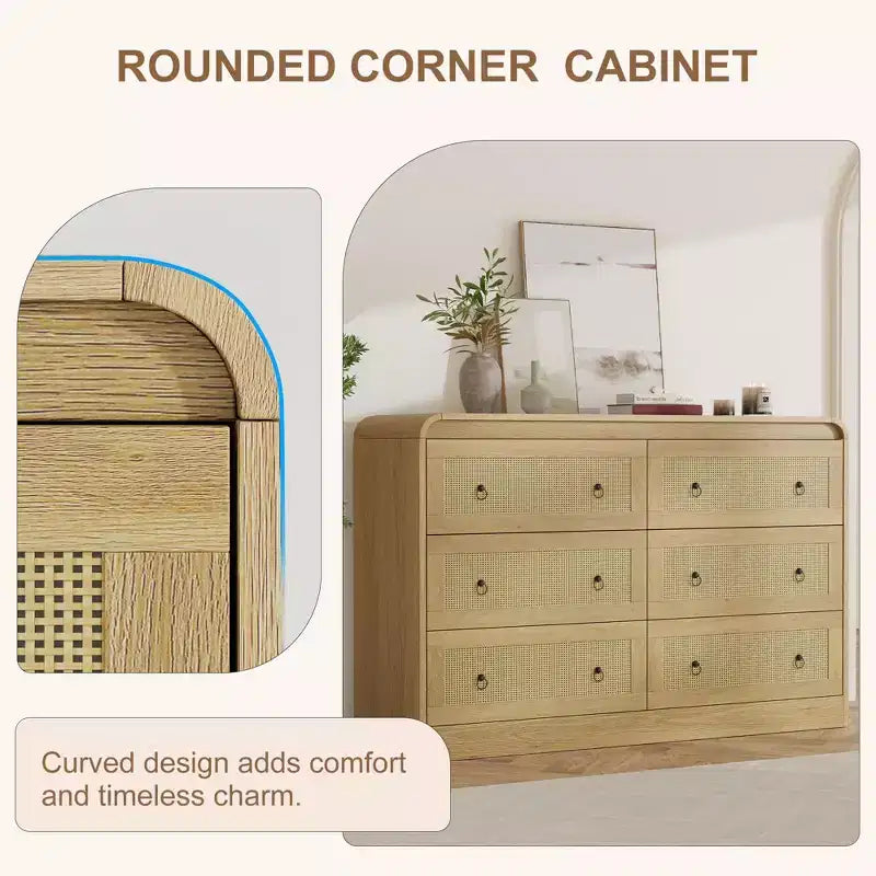 Comò a 6 cassetti in Rattan per camera da letto, cassettiera in legno da 117 cm, mobile TV, organizer porta abiti per soggiorno, nero