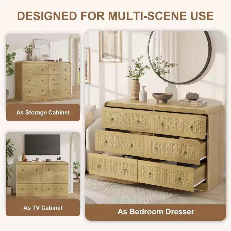 Comò a 6 cassetti in Rattan per camera da letto, cassettiera in legno da 117 cm, mobile TV, organizer porta abiti per soggiorno, nero