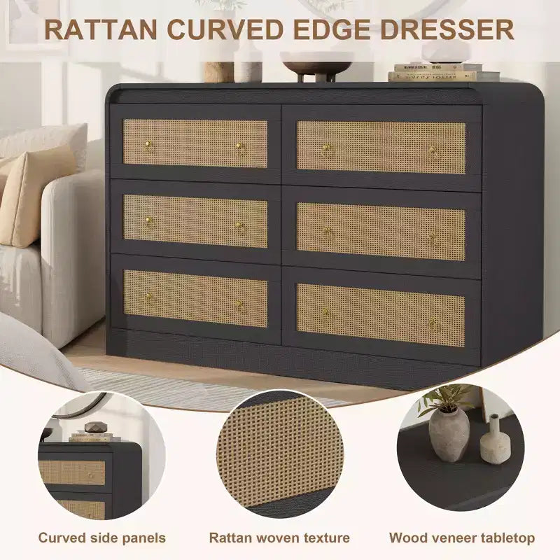 Comò a 6 cassetti in Rattan per camera da letto, cassettiera in legno da 117 cm, mobile TV, organizer porta abiti per soggiorno, nero