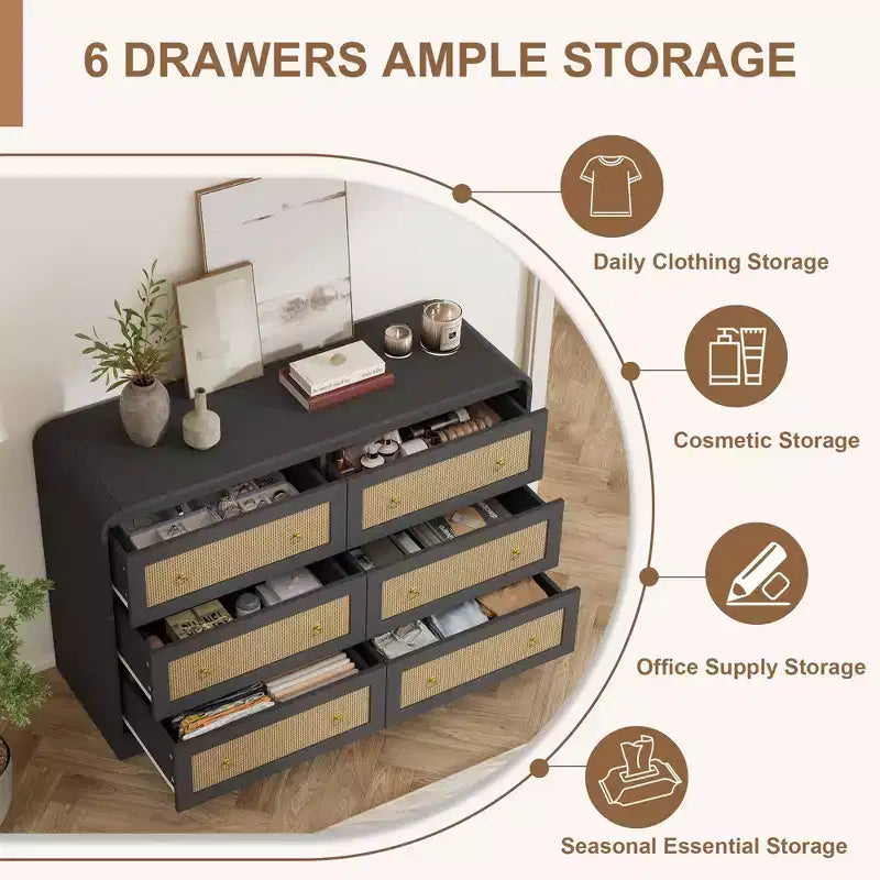 Comò a 6 cassetti in Rattan per camera da letto, cassettiera in legno da 117 cm, mobile TV, organizer porta abiti per soggiorno, nero