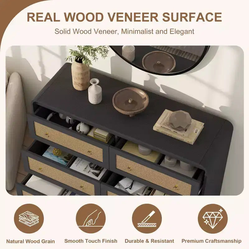 Comò a 6 cassetti in Rattan per camera da letto, cassettiera in legno da 117 cm, mobile TV, organizer porta abiti per soggiorno, nero