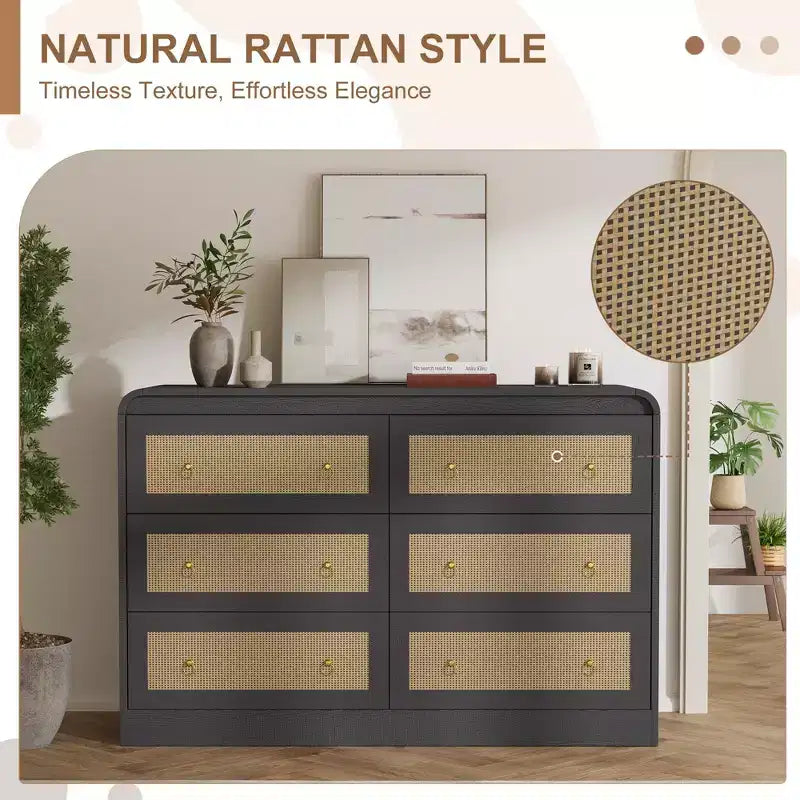 Comò a 6 cassetti in Rattan per camera da letto, cassettiera in legno da 117 cm, mobile TV, organizer porta abiti per soggiorno, nero
