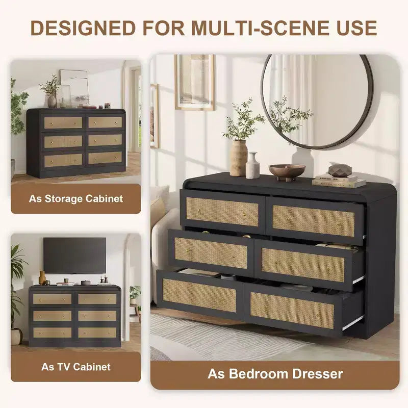 Comò a 6 cassetti in Rattan per camera da letto, cassettiera in legno da 117 cm, mobile TV, organizer porta abiti per soggiorno, nero