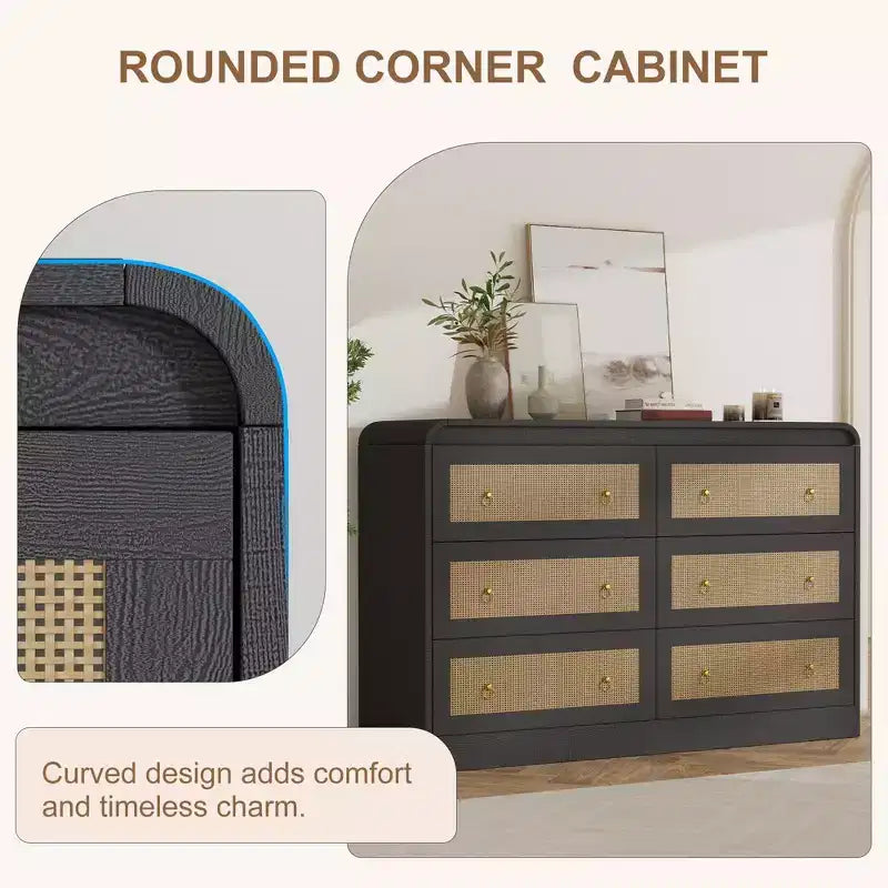 Comò a 6 cassetti in Rattan per camera da letto, cassettiera in legno da 117 cm, mobile TV, organizer porta abiti per soggiorno, nero