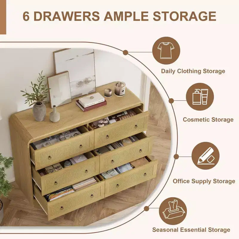 Comò a 6 cassetti in Rattan per camera da letto, cassettiera in legno da 117 cm, mobile TV, organizer porta abiti per soggiorno, nero