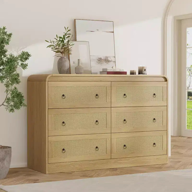 Comò a 6 cassetti in Rattan per camera da letto, cassettiera in legno da 117 cm, mobile TV, organizer porta abiti per soggiorno, nero