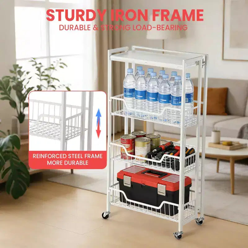 Carrello di stoccaggio da cucina a 3 livelli pieghevole, struttura e ripiani in ferro, organizzatore salvaspazio per frutta, snack, carrello di servizio con ruote bloccabili