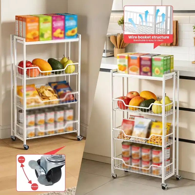Carrello di stoccaggio da cucina a 3 livelli pieghevole, struttura e ripiani in ferro, organizzatore salvaspazio per frutta, snack, carrello di servizio con ruote bloccabili