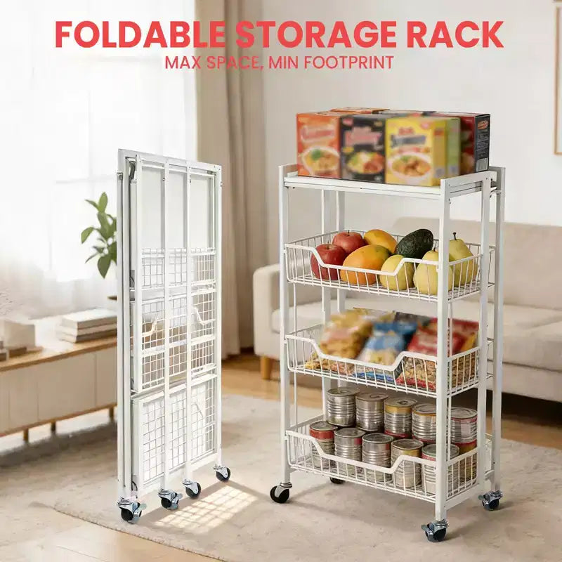 Carrello di stoccaggio da cucina a 3 livelli pieghevole, struttura e ripiani in ferro, organizzatore salvaspazio per frutta, snack, carrello di servizio con ruote bloccabili