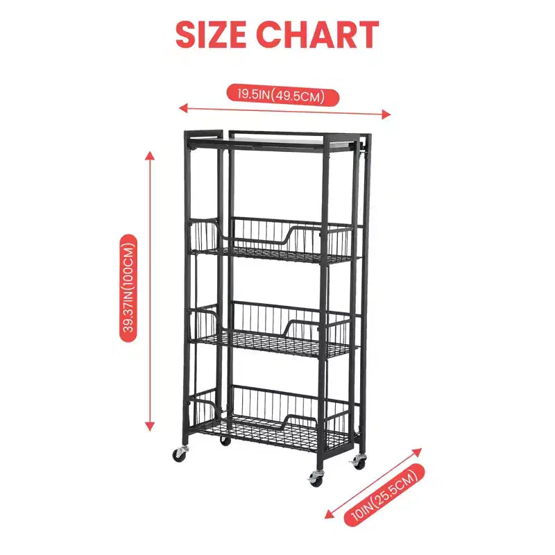 Carrello di stoccaggio da cucina a 3 livelli pieghevole, struttura e ripiani in ferro, organizzatore salvaspazio per frutta, snack, carrello di servizio con ruote bloccabili