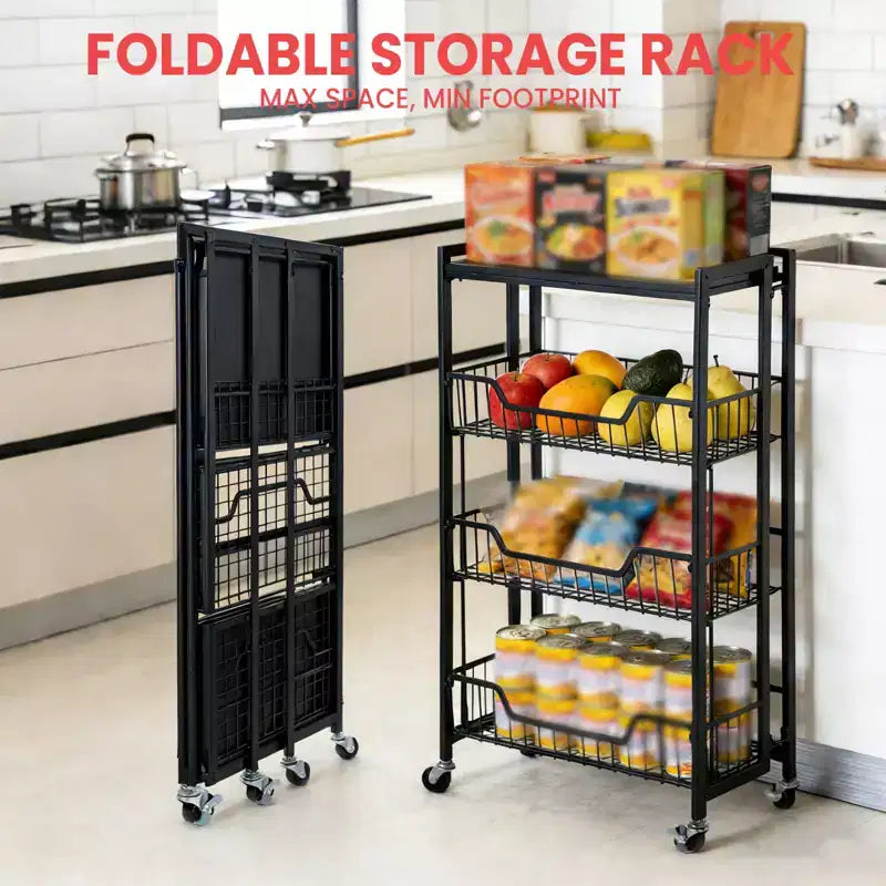 Carrello di stoccaggio da cucina a 3 livelli pieghevole, struttura e ripiani in ferro, organizzatore salvaspazio per frutta, snack, carrello di servizio con ruote bloccabili
