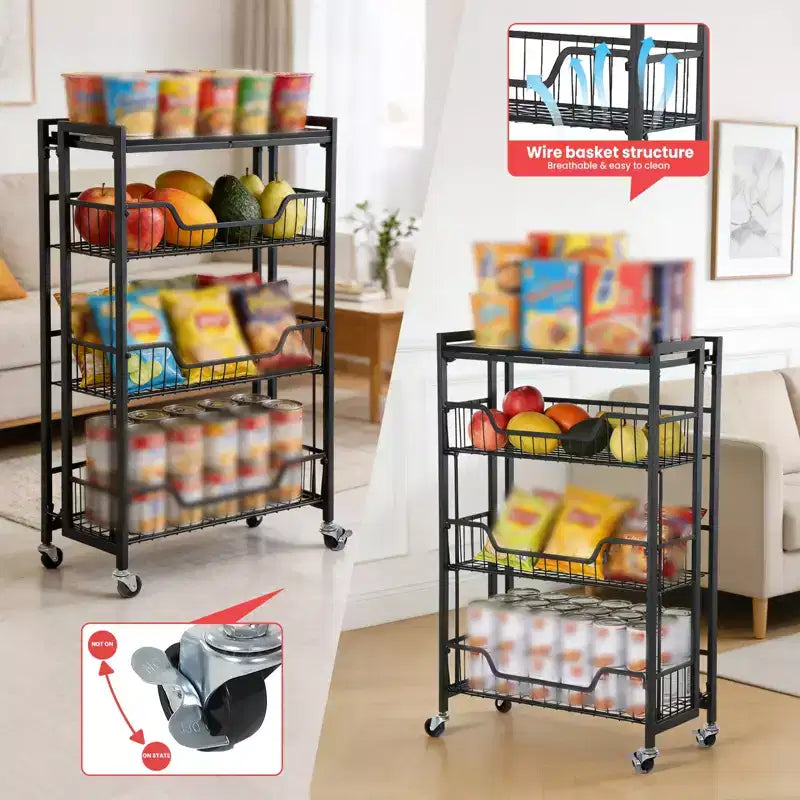 Carrello di stoccaggio da cucina a 3 livelli pieghevole, struttura e ripiani in ferro, organizzatore salvaspazio per frutta, snack, carrello di servizio con ruote bloccabili
