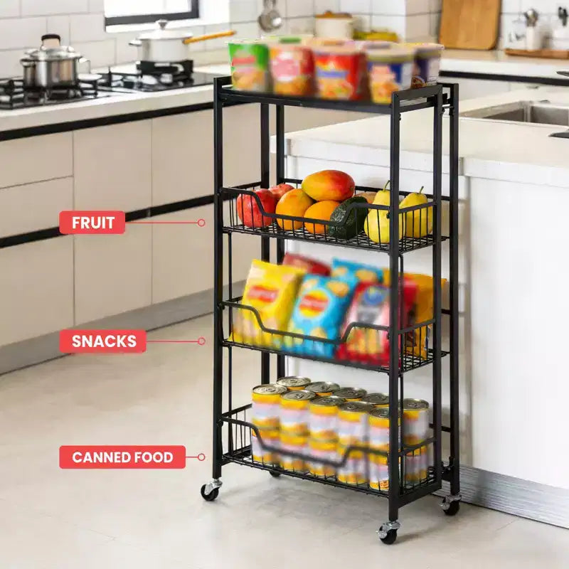 Carrello di stoccaggio da cucina a 3 livelli pieghevole, struttura e ripiani in ferro, organizzatore salvaspazio per frutta, snack, carrello di servizio con ruote bloccabili