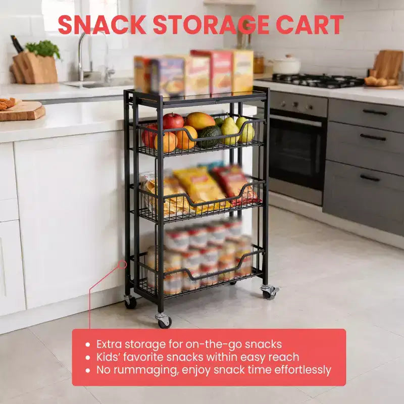 Carrello di stoccaggio da cucina a 3 livelli pieghevole, struttura e ripiani in ferro, organizzatore salvaspazio per frutta, snack, carrello di servizio con ruote bloccabili