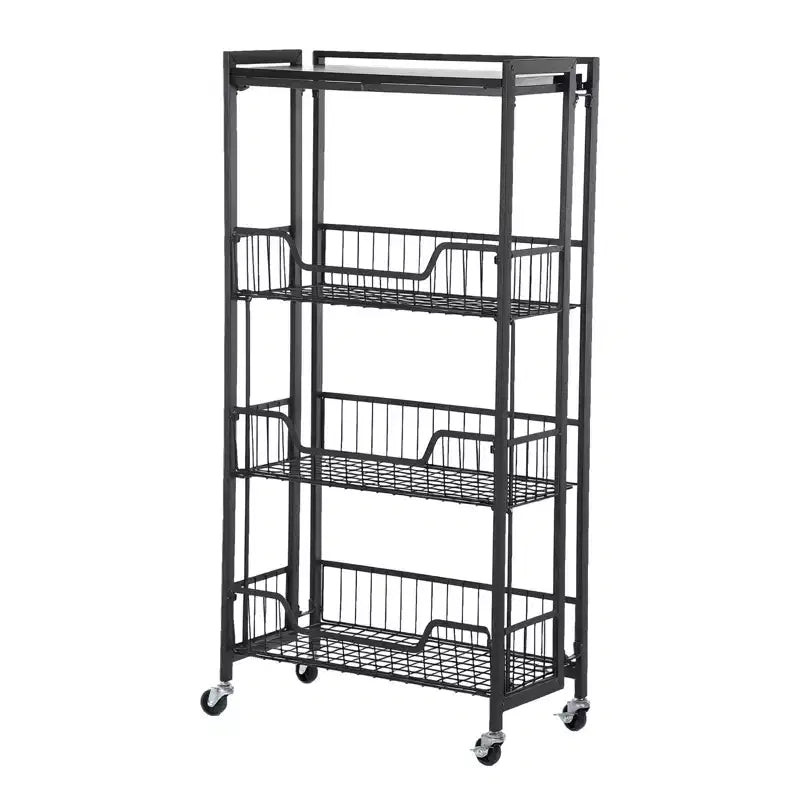 Carrello di stoccaggio da cucina a 3 livelli pieghevole, struttura e ripiani in ferro, organizzatore salvaspazio per frutta, snack, carrello di servizio con ruote bloccabili