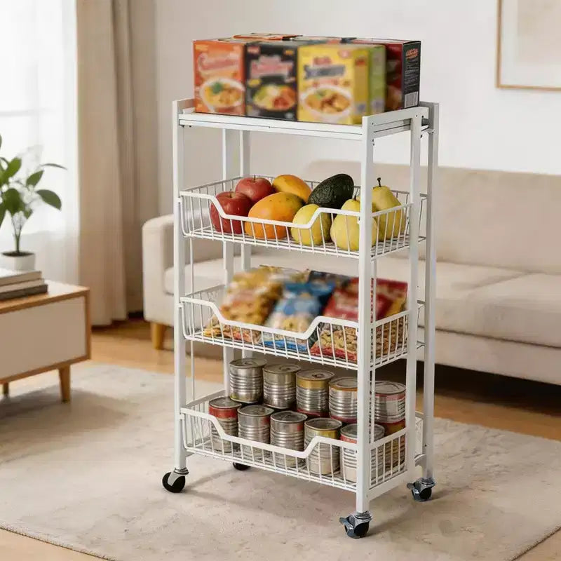 Carrello di stoccaggio da cucina a 3 livelli pieghevole, struttura e ripiani in ferro, organizzatore salvaspazio per frutta, snack, carrello di servizio con ruote bloccabili