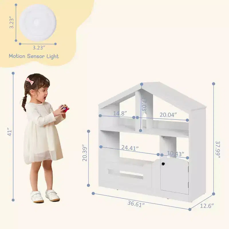 Libreria per bambini con luce a sensore di movimento, scaffale in legno a 2 ripiani per bambini e armadietto contenitore per giocattoli per sala giochi, cameretta e aula