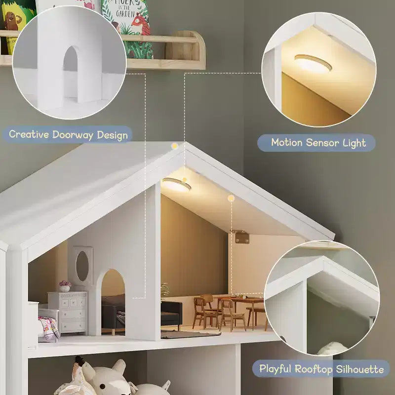 Libreria per bambini con luce a sensore di movimento, scaffale in legno a 2 ripiani per bambini e armadietto contenitore per giocattoli per sala giochi, cameretta e aula