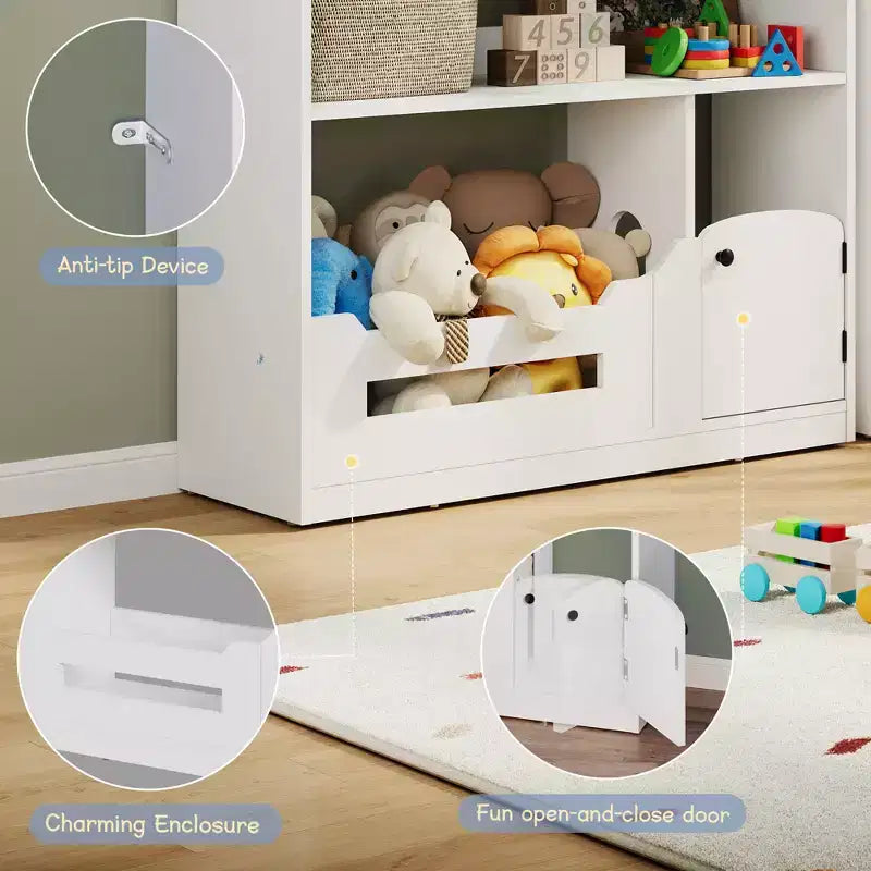 Libreria per bambini con luce a sensore di movimento, scaffale in legno a 2 ripiani per bambini e armadietto contenitore per giocattoli per sala giochi, cameretta e aula