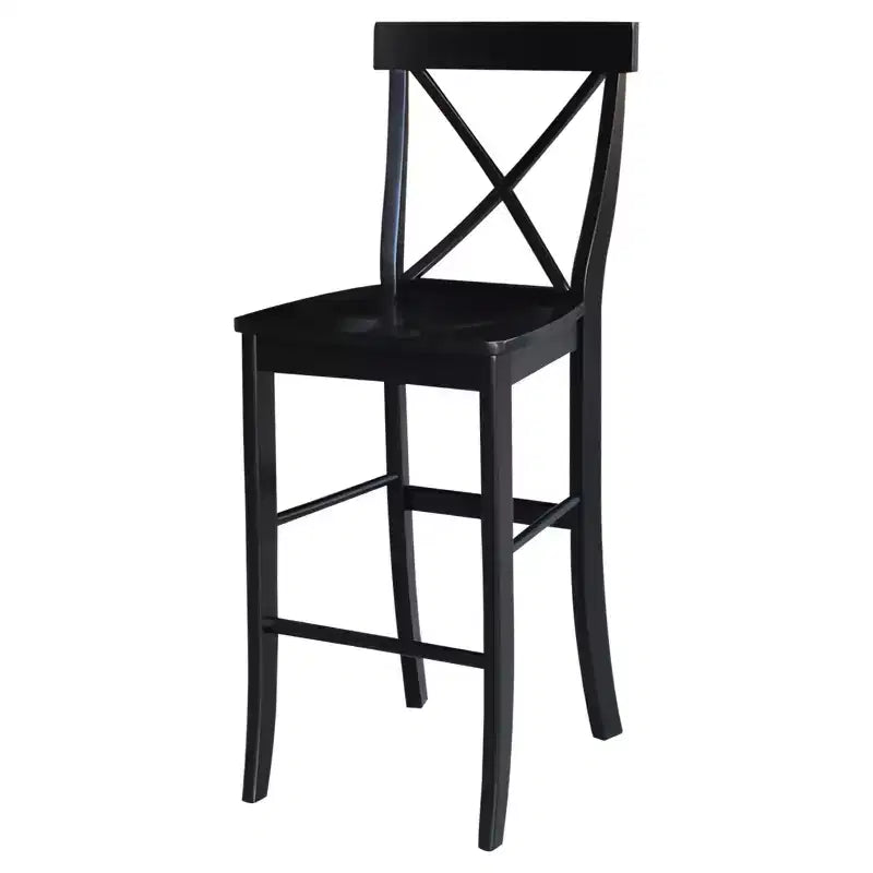 Sgabello da bar 30" X-Back in legno massello, nero corvino, design tradizionale, altezza bancone