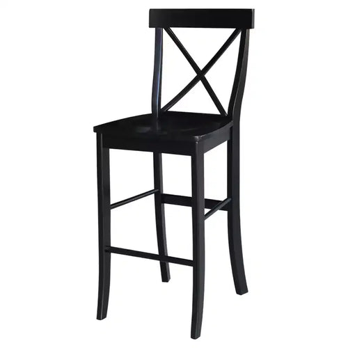 Sgabello da bar 30" X-Back in legno massello, nero corvino, design tradizionale, altezza bancone