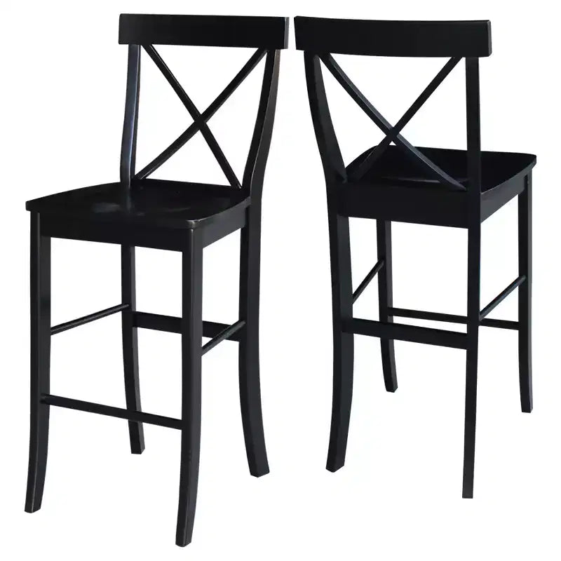 Sgabello da bar 30" X-Back in legno massello, nero corvino, design tradizionale, altezza bancone