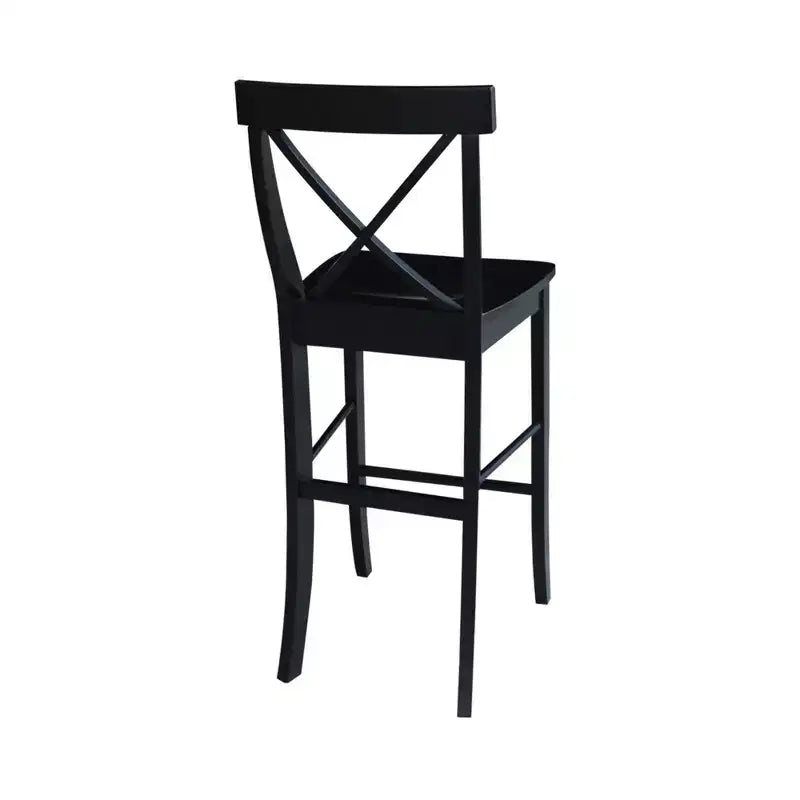 Sgabello da bar 30" X-Back in legno massello, nero corvino, design tradizionale, altezza bancone