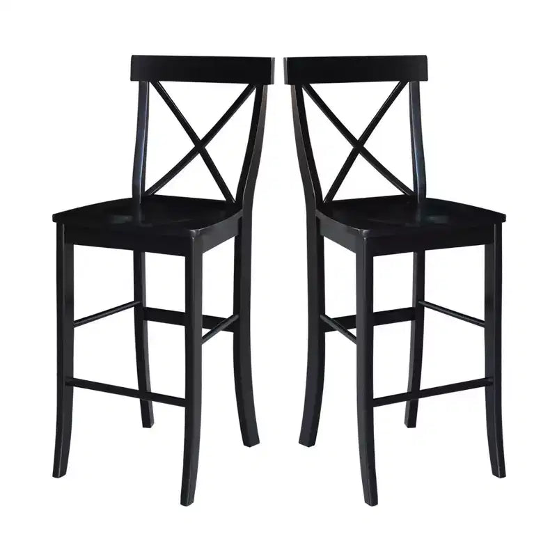 Sgabello da bar 30" X-Back in legno massello, nero corvino, design tradizionale, altezza bancone