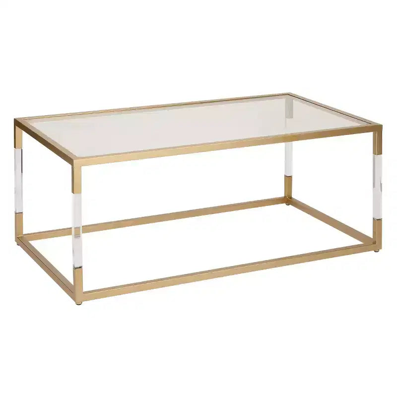 Tavolino da caffè in metallo e vetro, struttura elegante in ferro color oro, nessun assemblaggio richiesto, design contemporaneo