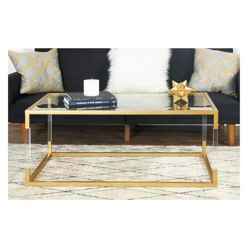 Tavolino da caffè in metallo e vetro, struttura elegante in ferro color oro, nessun assemblaggio richiesto, design contemporaneo