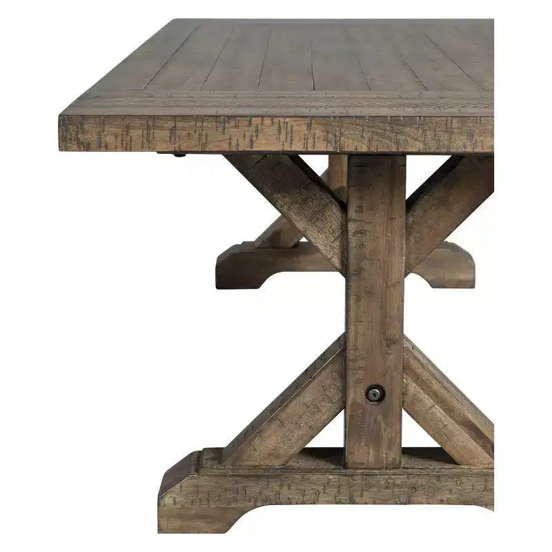 Tavolino da caffè rustico a cavalletto, finitura anticata marrone noce, tavolino rettangolare di design