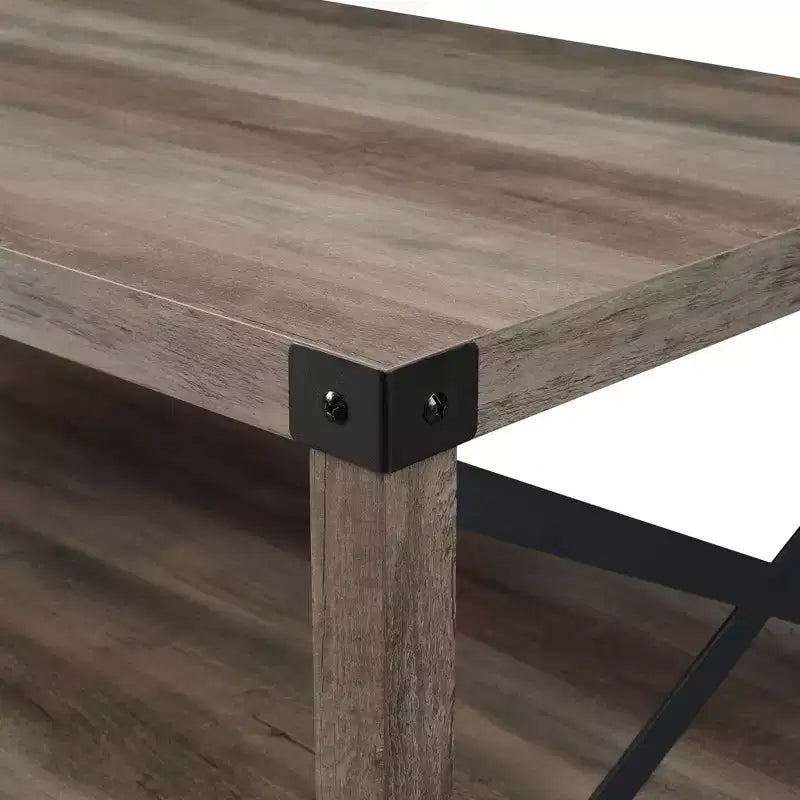 Tavolino da Caffè Industriale Rustico con Base a X, Legno Invecchiato e Metallo, Complemento d'Arredo per Soggiorno