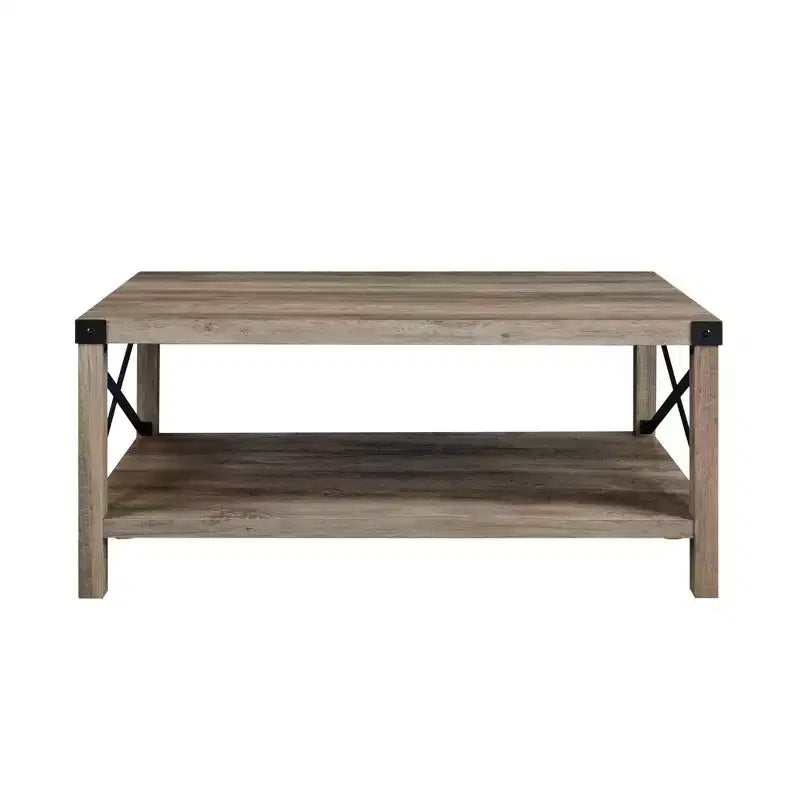 Tavolino da Caffè Industriale Rustico con Base a X, Legno Invecchiato e Metallo, Complemento d'Arredo per Soggiorno