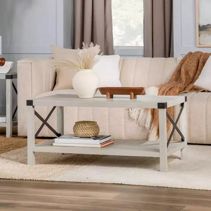 Tavolino da Caffè Industriale Rustico con Base a X, Legno Invecchiato e Metallo, Complemento d'Arredo per Soggiorno