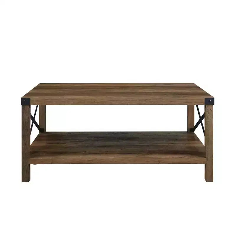 Tavolino da Caffè Industriale Rustico con Base a X, Legno Invecchiato e Metallo, Complemento d'Arredo per Soggiorno