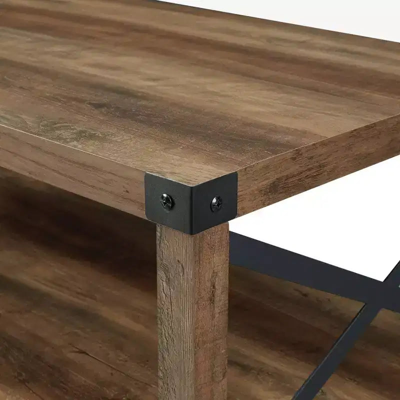 Tavolino da Caffè Industriale Rustico con Base a X, Legno Invecchiato e Metallo, Complemento d'Arredo per Soggiorno