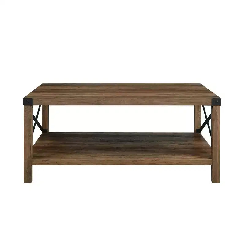 Tavolino da Caffè Industriale Rustico con Base a X, Legno Invecchiato e Metallo, Complemento d'Arredo per Soggiorno