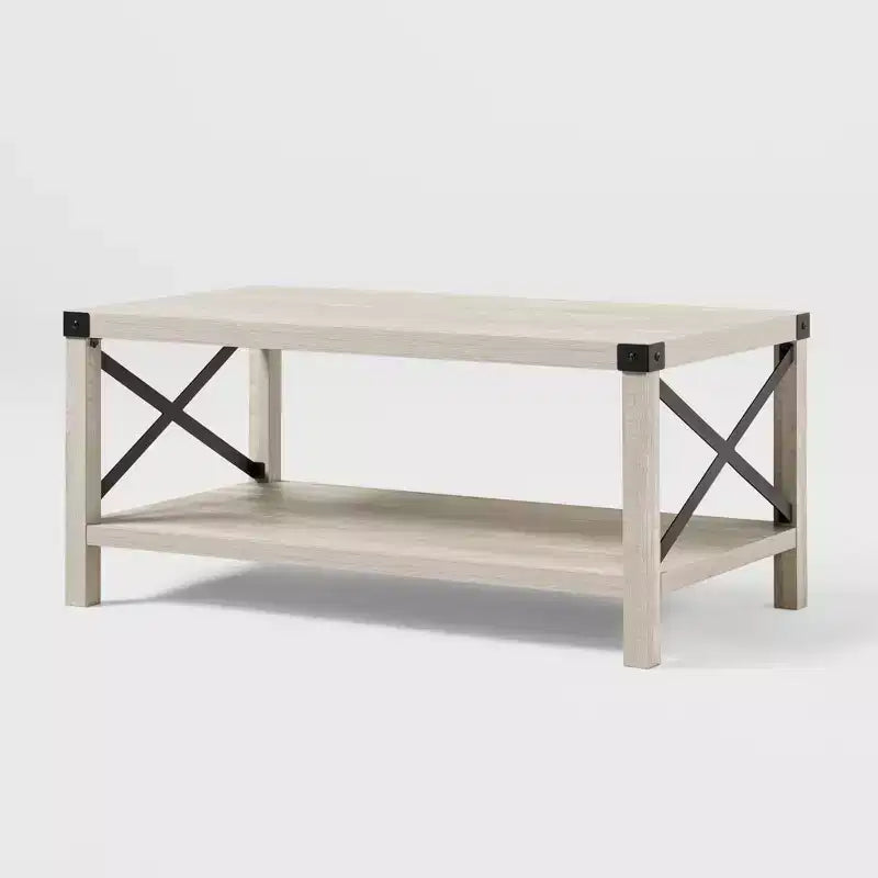 Tavolino da Caffè Industriale Rustico con Base a X, Legno Invecchiato e Metallo, Complemento d'Arredo per Soggiorno